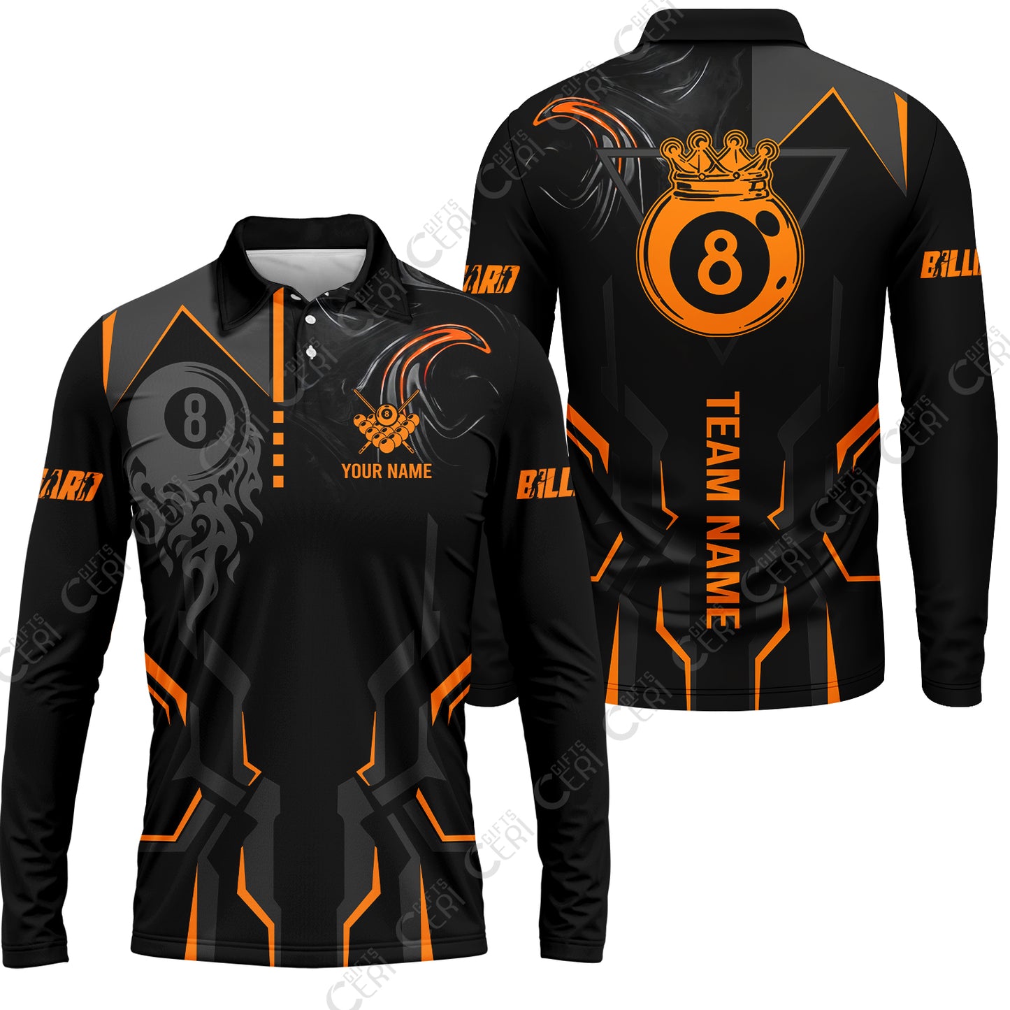 Customized 8 Ball Pool Long Sleeve Polo Shirt, 8-Ball Liquid Effect Smoke, Billiard Jerseys