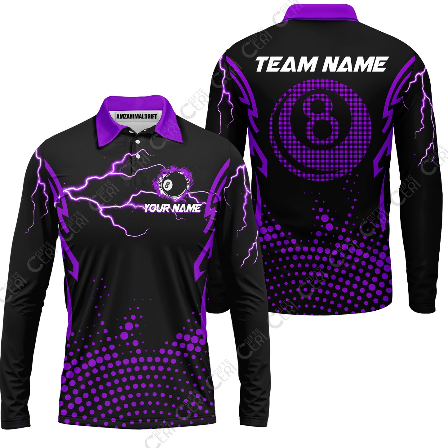 Customized Billiards Long Sleeve Polo Shirt, Lightning Graphics With Dots 8 Ball Pool Jersey
