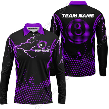 Customized Billiards Long Sleeve Polo Shirt, Lightning Graphics With Dots 8 Ball Pool Jersey