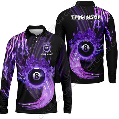 Customized 8 Ball Pool Long Sleeve Polo Shirt, 8-Ball Swirling Fire And Glowing Smoke, Billiards Jerseys