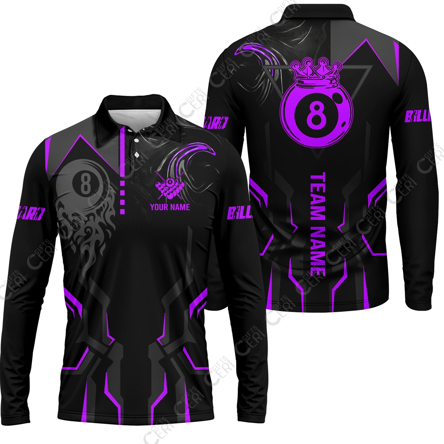 Customized 8 Ball Pool Long Sleeve Polo Shirt, 8-Ball Liquid Effect Smoke, Billiard Jerseys