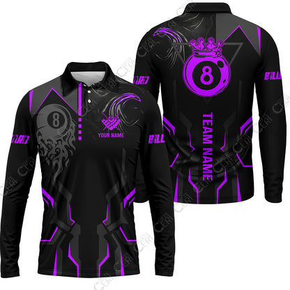 Customized 8 Ball Pool Long Sleeve Polo Shirt, 8-Ball Liquid Effect Smoke, Billiard Jerseys