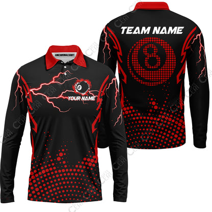 Customized Billiards Long Sleeve Polo Shirt, Lightning Graphics With Dots 8 Ball Pool Jersey