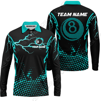 Customized Billiards Long Sleeve Polo Shirt, Lightning Graphics With Dots 8 Ball Pool Jersey
