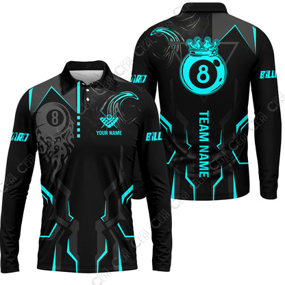 Customized 8 Ball Pool Long Sleeve Polo Shirt, 8-Ball Liquid Effect Smoke, Billiard Jerseys