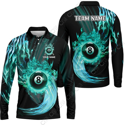 Customized 8 Ball Pool Long Sleeve Polo Shirt, 8-Ball Swirling Fire And Glowing Smoke, Billiards Jerseys