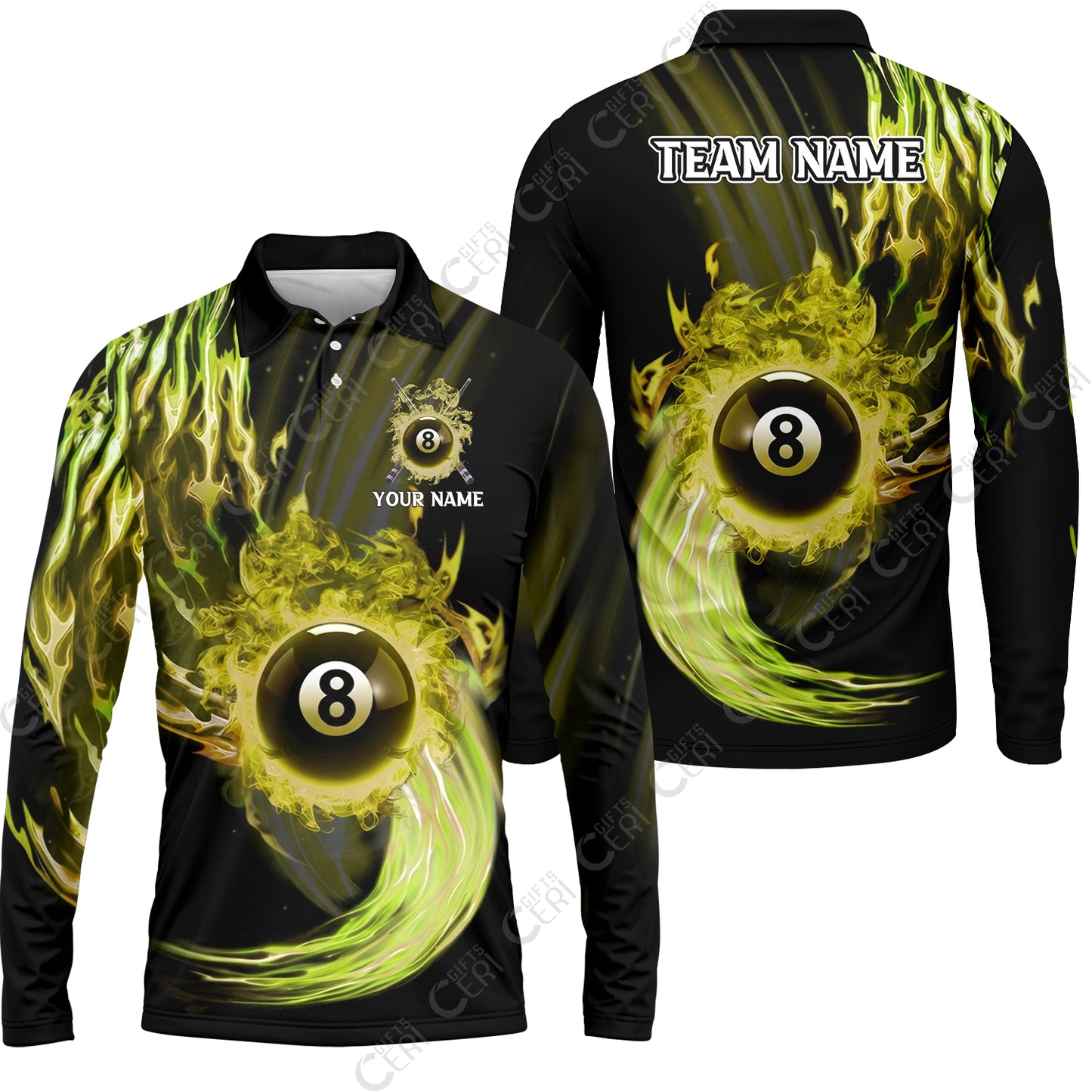Customized 8 Ball Pool Long Sleeve Polo Shirt, 8-Ball Swirling Fire And Glowing Smoke, Billiards Jerseys