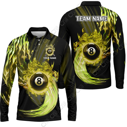 Customized 8 Ball Pool Long Sleeve Polo Shirt, 8-Ball Swirling Fire And Glowing Smoke, Billiards Jerseys