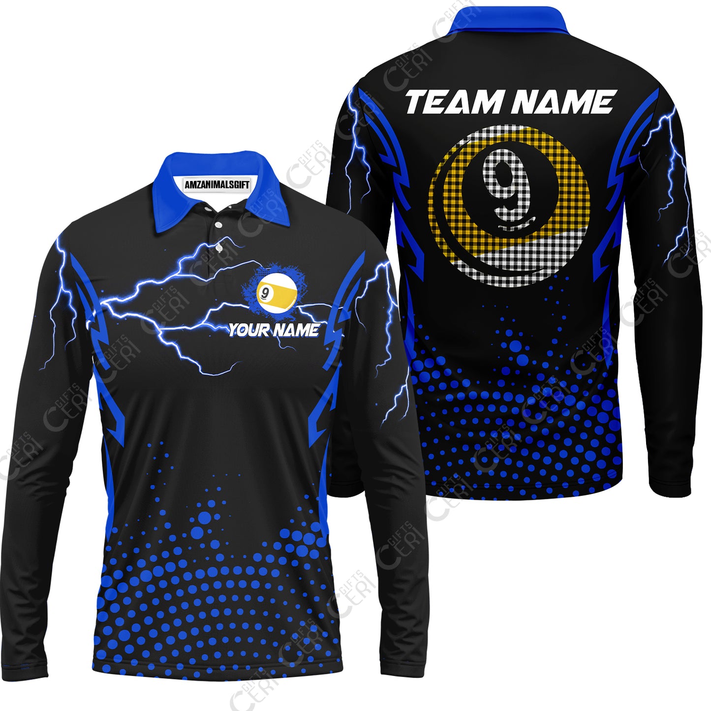 Customized Billiards Long Sleeve Polo Shirt, Lightning Graphics With Dots 9 Ball Pool Jersey