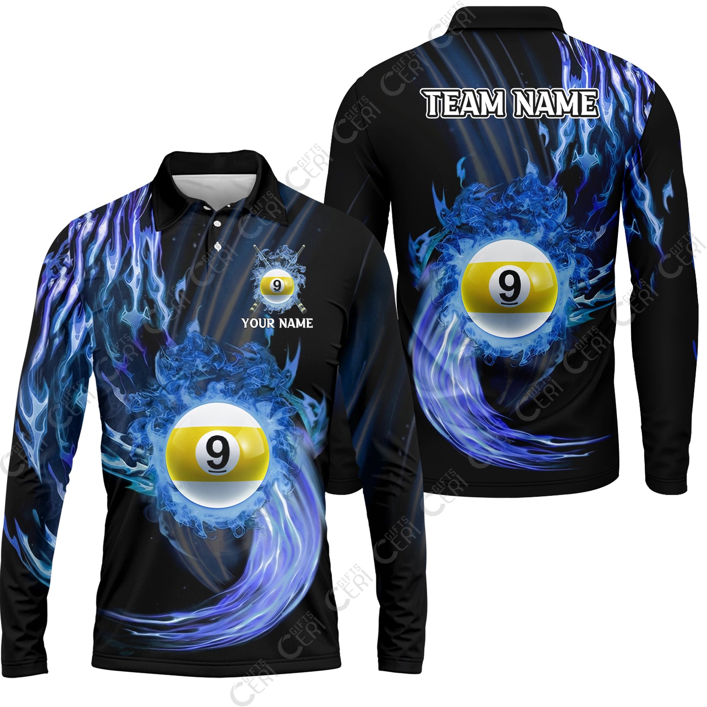Customized 9 Ball Pool Long Sleeve Polo Shirt, 9-Ball Swirling Fire And Glowing Smoke, Billiards Jerseys