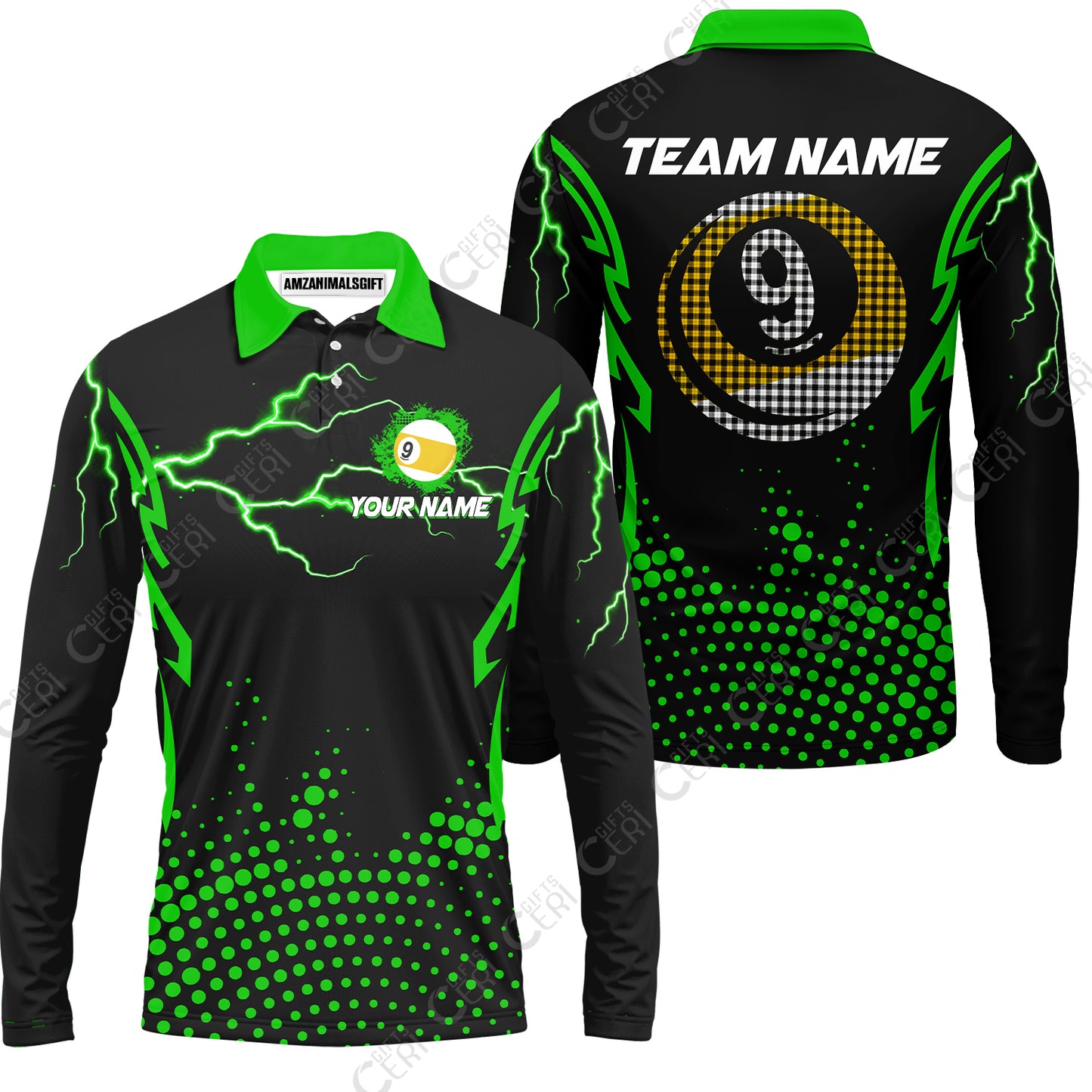 Customized Billiards Long Sleeve Polo Shirt, Lightning Graphics With Dots 9 Ball Pool Jersey