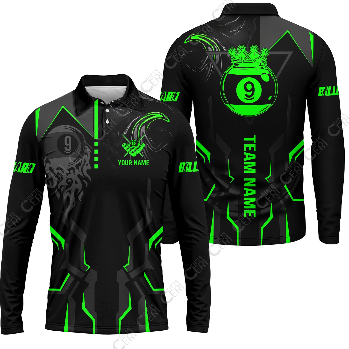 Customized 9 Ball Pool Long Sleeve Polo Shirt, 9-Ball Liquid Effect Smoke, Billiard Jerseys