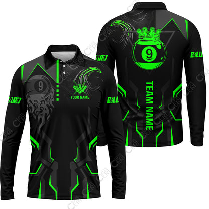 Customized 9 Ball Pool Long Sleeve Polo Shirt, 9-Ball Liquid Effect Smoke, Billiard Jerseys