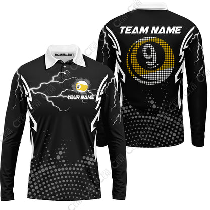 Customized Billiards Long Sleeve Polo Shirt, Lightning Graphics With Dots 9 Ball Pool Jersey