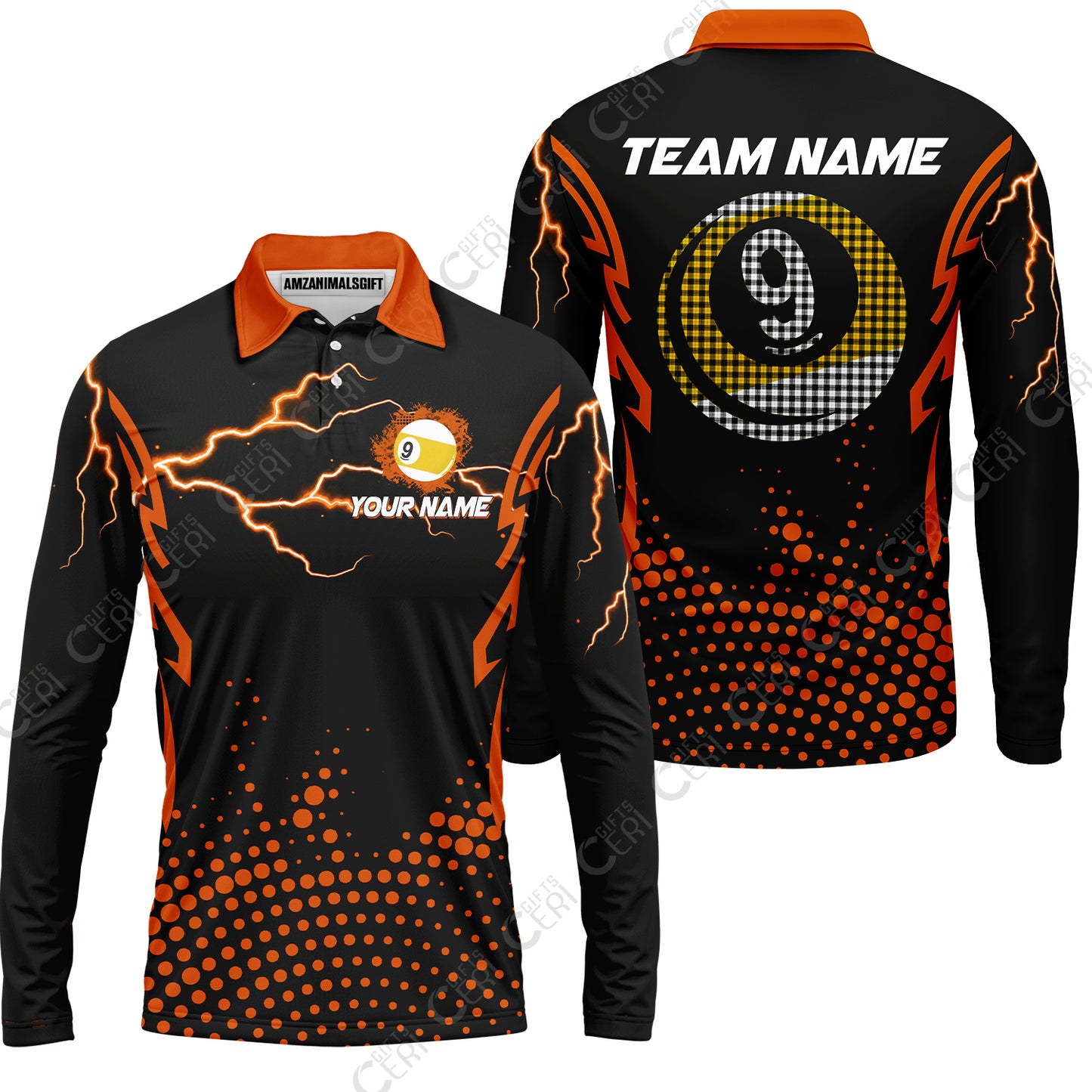 Customized Billiards Long Sleeve Polo Shirt, Lightning Graphics With Dots 9 Ball Pool Jersey