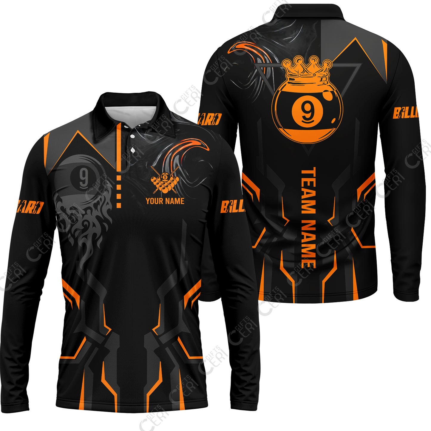 Customized 9 Ball Pool Long Sleeve Polo Shirt, 9-Ball Liquid Effect Smoke, Billiard Jerseys