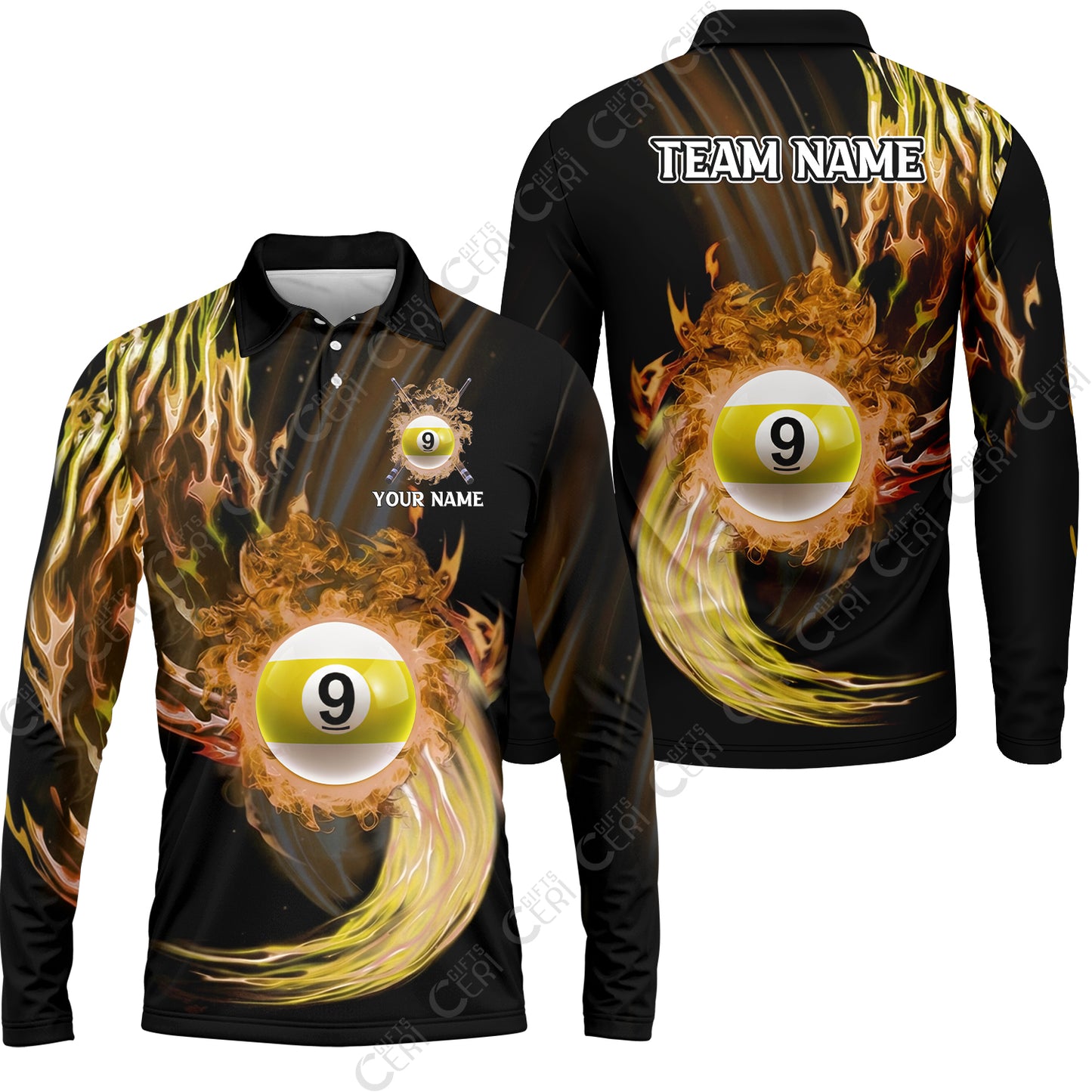 Customized 9 Ball Pool Long Sleeve Polo Shirt, 9-Ball Swirling Fire And Glowing Smoke, Billiards Jerseys
