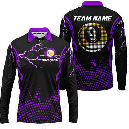 Customized Billiards Long Sleeve Polo Shirt, Lightning Graphics With Dots 9 Ball Pool Jersey