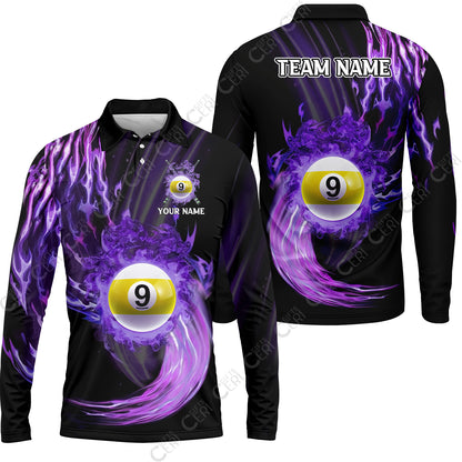 Customized 9 Ball Pool Long Sleeve Polo Shirt, 9-Ball Swirling Fire And Glowing Smoke, Billiards Jerseys