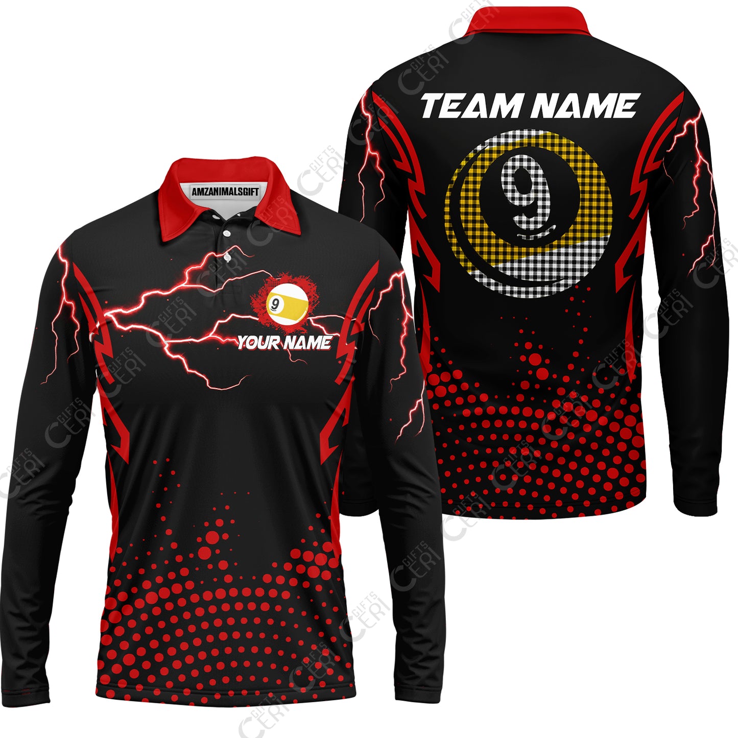 Customized Billiards Long Sleeve Polo Shirt, Lightning Graphics With Dots 9 Ball Pool Jersey