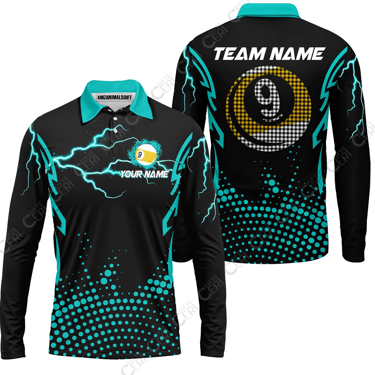 Customized Billiards Long Sleeve Polo Shirt, Lightning Graphics With Dots 9 Ball Pool Jersey