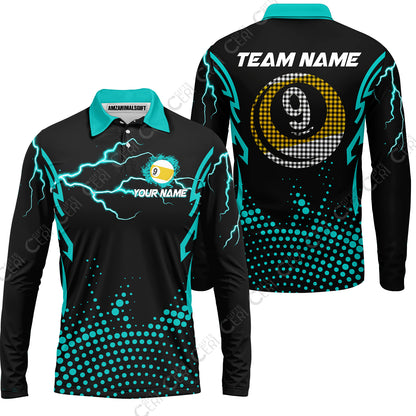 Customized Billiards Long Sleeve Polo Shirt, Lightning Graphics With Dots 9 Ball Pool Jersey