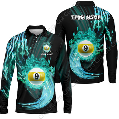 Customized 9 Ball Pool Long Sleeve Polo Shirt, 9-Ball Swirling Fire And Glowing Smoke, Billiards Jerseys