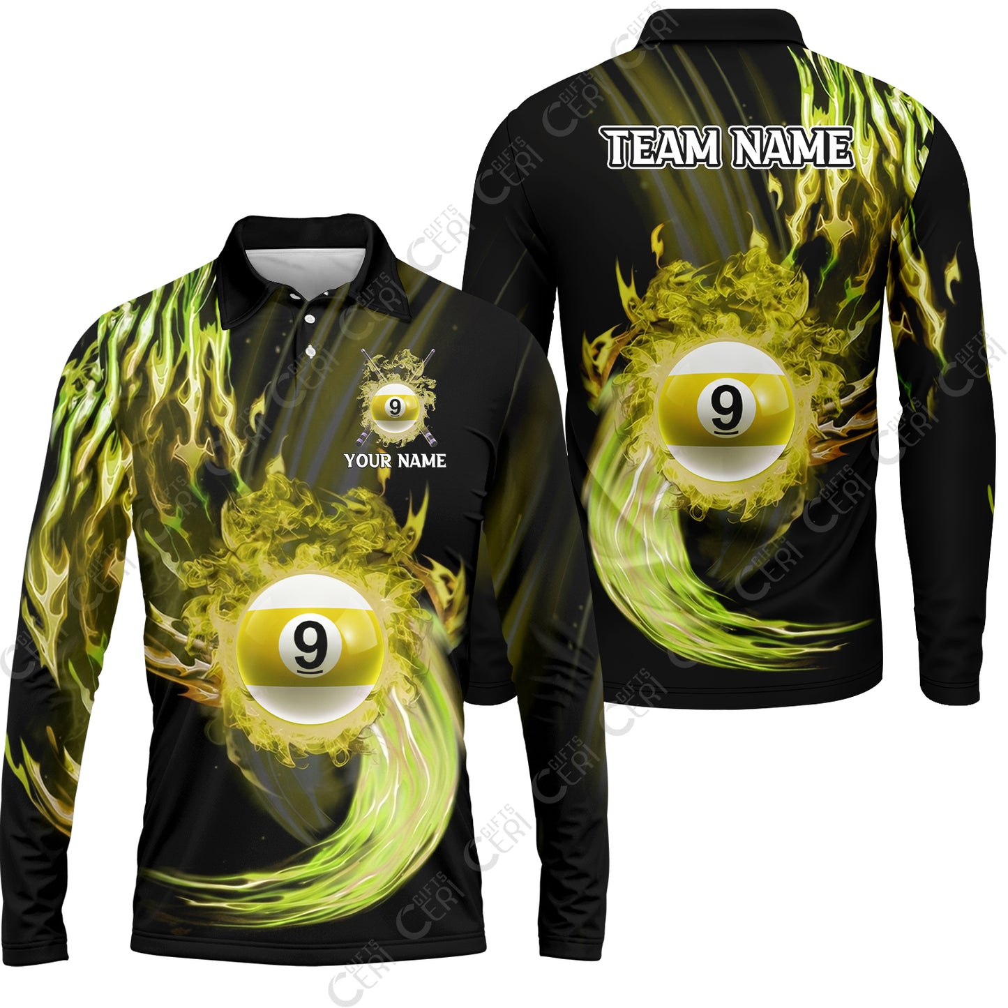 Customized 9 Ball Pool Long Sleeve Polo Shirt, 9-Ball Swirling Fire And Glowing Smoke, Billiards Jerseys