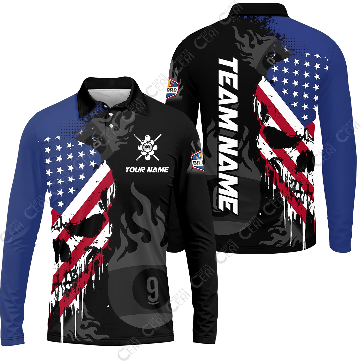 Customized 9 Ball Pool Long Sleeve Polo Shirt, Billiards 9-Ball Flame And The Skull With American Flag, Billiards Jerseys