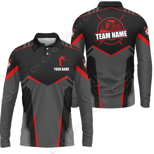 Customized 9 Ball Pool Long Sleeve Polo Shirt, Billiards Man Vector 9-Ball, Billiards Jerseys