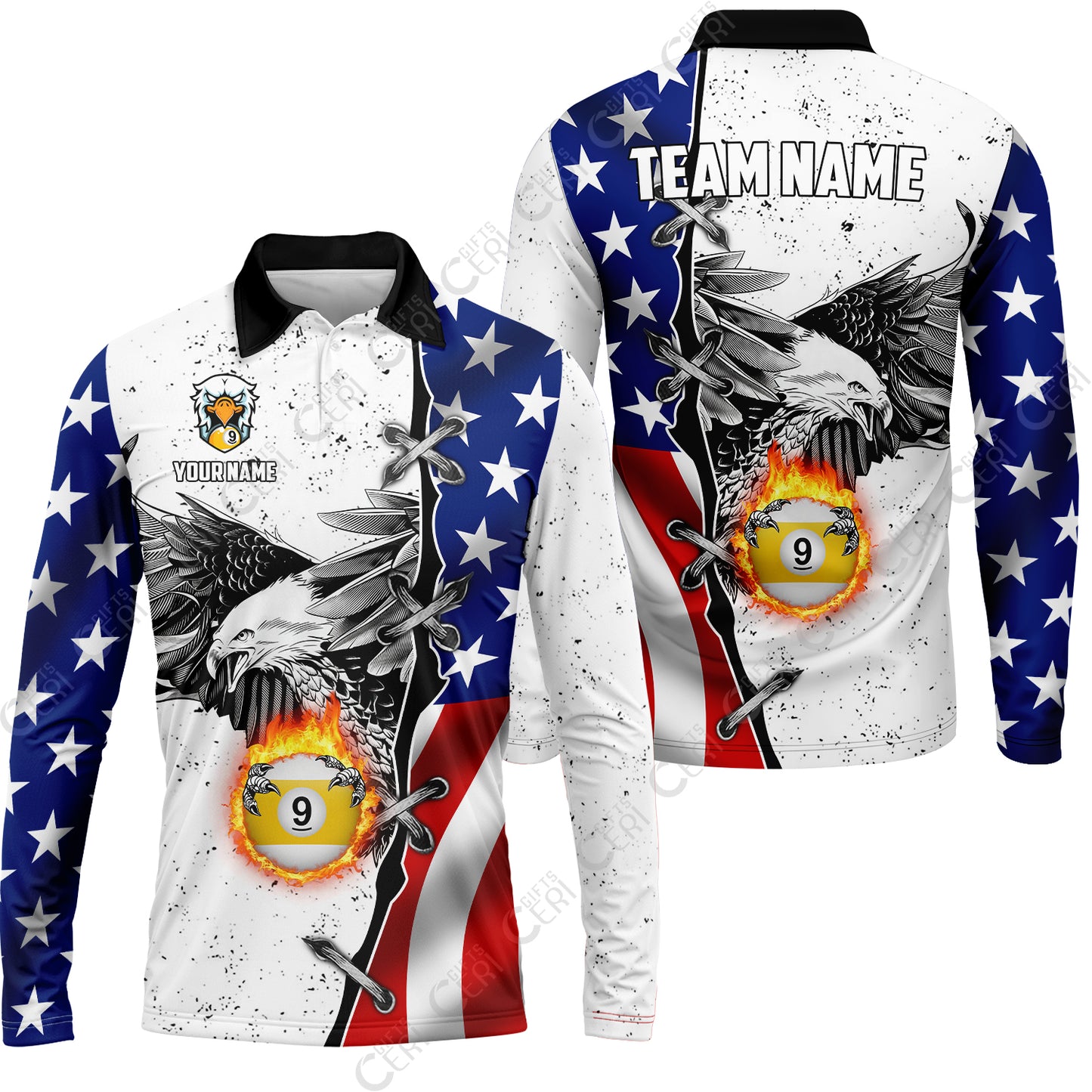 Customized Billiards Long Sleeve Polo Shirt, US Flag White Eagle Flame Pin Dust Pattern Personalized Billiard 9 Ball Jersey