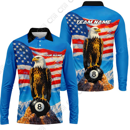 Customized Billiards Long Sleeve Polo Shirt, Personalized American Flag With Eagle 8 Ball Jersey Gift For Billiard Players
