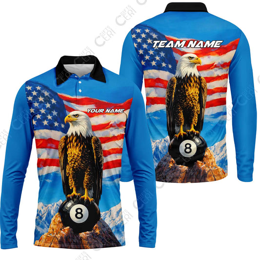 Customized Billiards Long Sleeve Polo Shirt, Personalized American Flag With Eagle 8 Ball Jersey Gift For Billiard Players