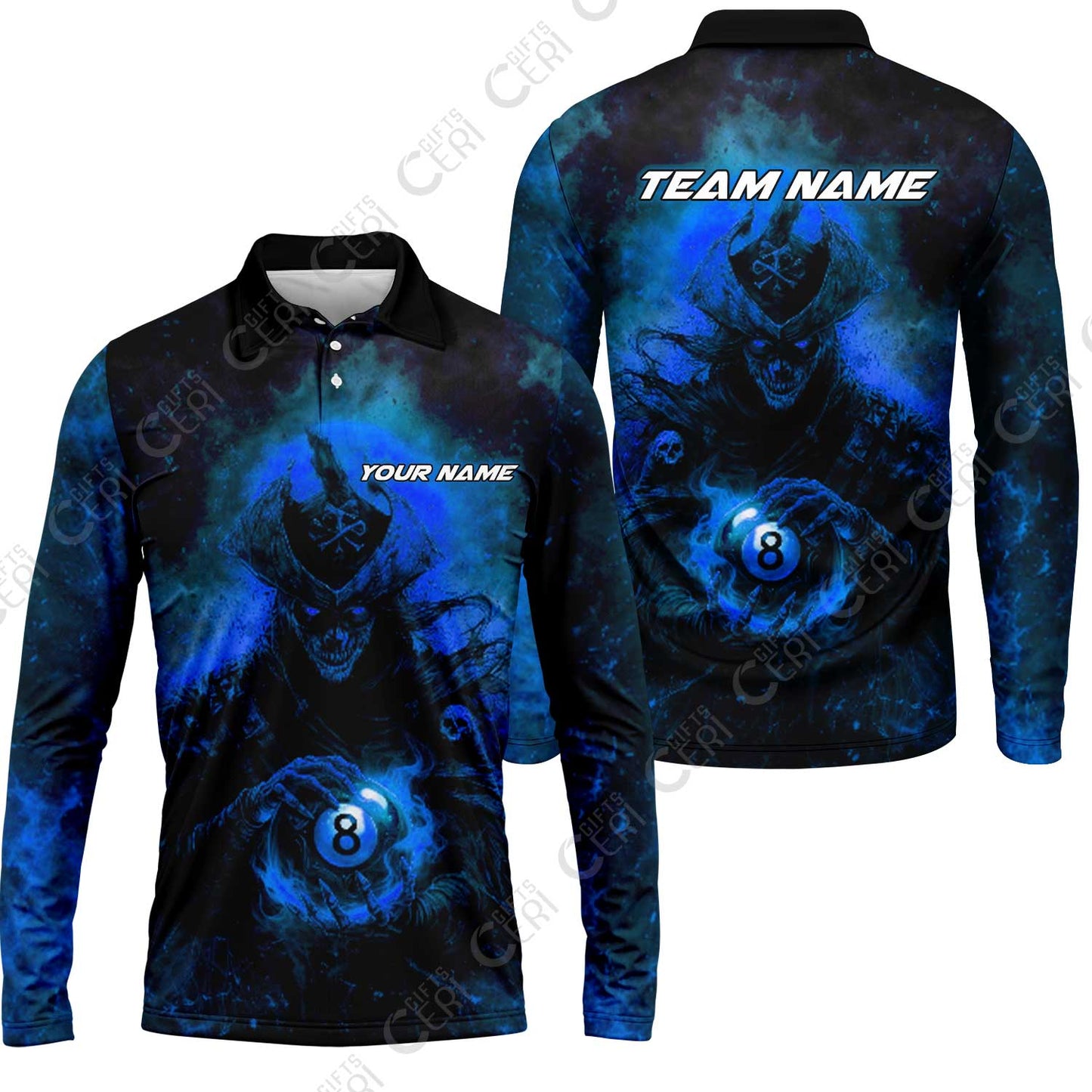Customized Billiards Long Sleeve Polo Shirt, Personalized Ghost Captains 8 Ball Jersey Gift For Billiard Players