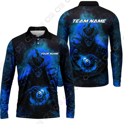 Customized Billiards Long Sleeve Polo Shirt, Personalized Ghost Captains 8 Ball Jersey Gift For Billiard Players