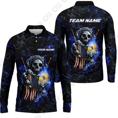 Customized Billiards Long Sleeve Polo Shirt, Personalized Ghost Break 9 Ball Jersey Gift For Billiard Players