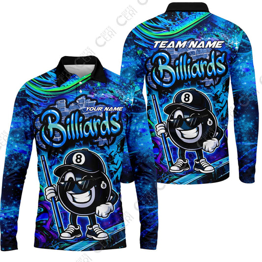 Customized Billiards Long Sleeve Polo Shirt, Personalized Street Graffiti 8 Ball Jersey Gift For Billiard Players