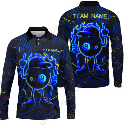 Customized 9 Ball Pool Long Sleeve Polo Shirt, 9-Ball Billiard Neon Cartoon Flaming, Billiard Jerseys