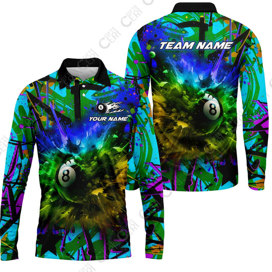 Customized Billiards Long Sleeve Polo Shirt, Personalized Neon Chaos 8 Ball Jersey Gift For Billiard Players