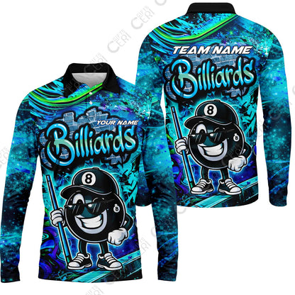 Customized Billiards Long Sleeve Polo Shirt, Personalized Street Graffiti 8 Ball Jersey Gift For Billiard Players