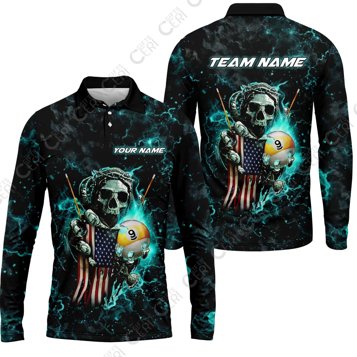 Customized Billiards Long Sleeve Polo Shirt, Personalized Ghost Break 9 Ball Jersey Gift For Billiard Players