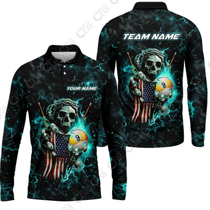 Customized Billiards Long Sleeve Polo Shirt, Personalized Ghost Break 9 Ball Jersey Gift For Billiard Players