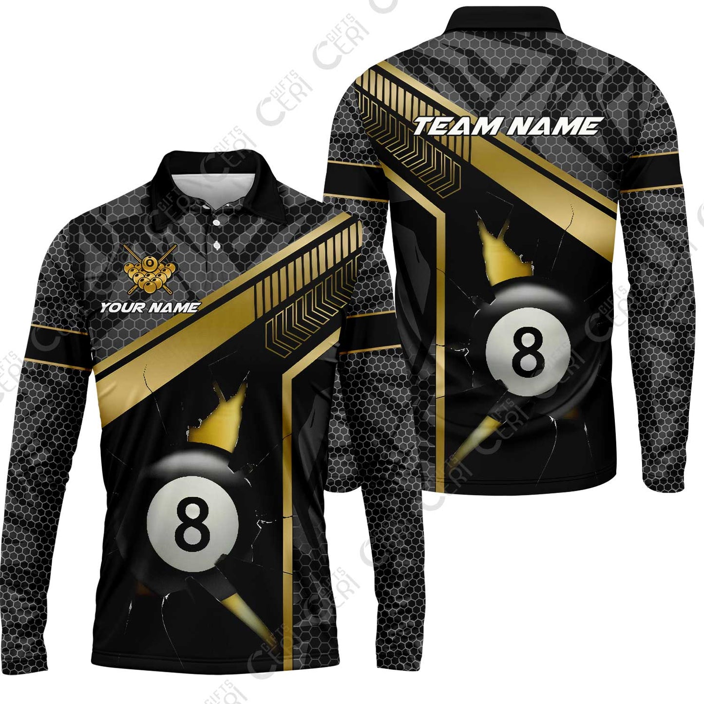 Customized Billiards Long Sleeve Polo Shirt, Personalized Hexagonal Patterns With A Cracked Glass 8 Ball Jersey