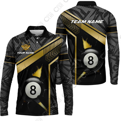 Customized Billiards Long Sleeve Polo Shirt, Personalized Hexagonal Patterns With A Cracked Glass 8 Ball Jersey