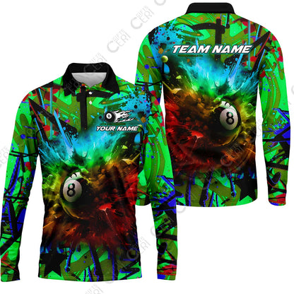 Customized Billiards Long Sleeve Polo Shirt, Personalized Neon Chaos 8 Ball Jersey Gift For Billiard Players