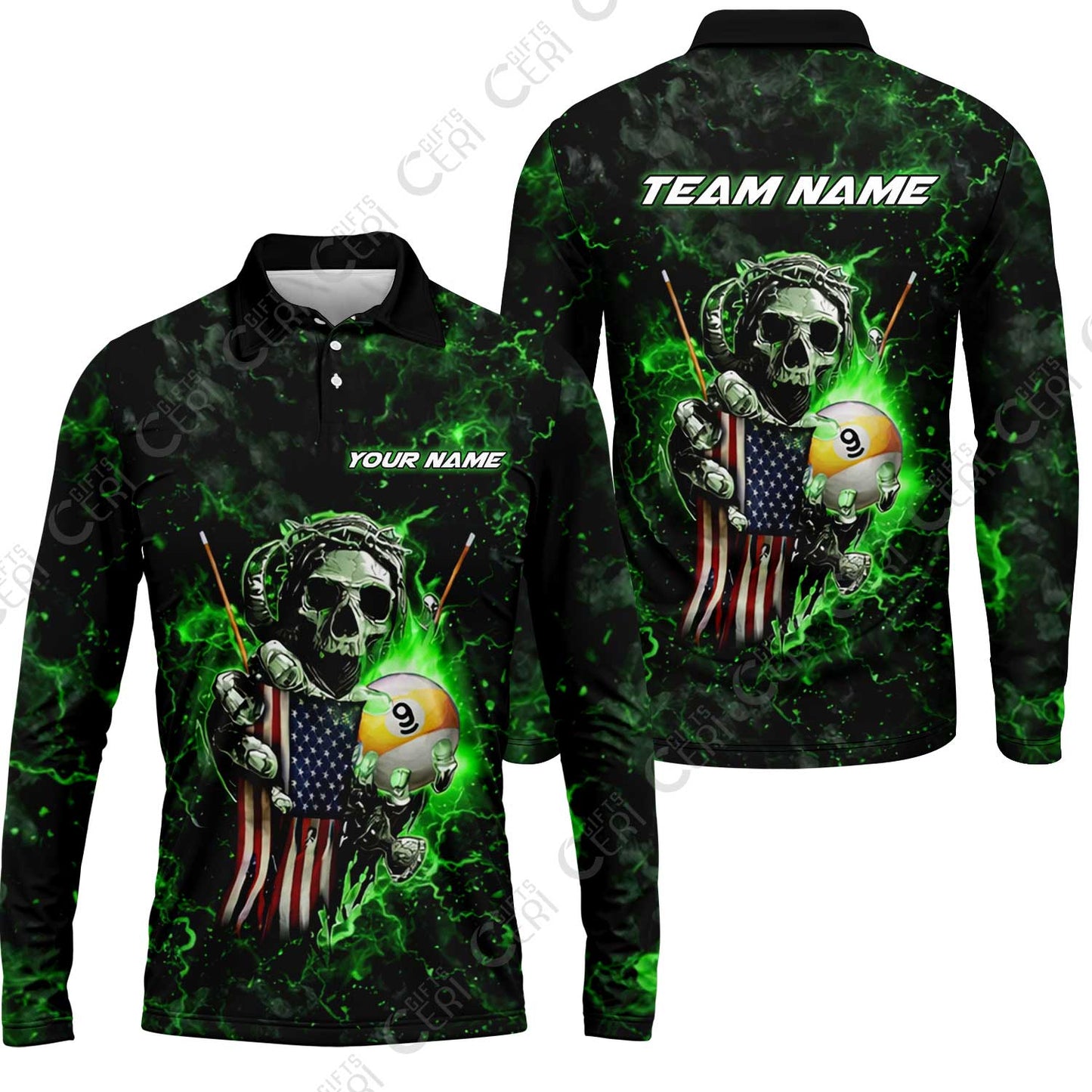 Customized Billiards Long Sleeve Polo Shirt, Personalized Ghost Break 9 Ball Jersey Gift For Billiard Players