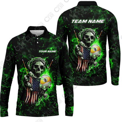 Customized Billiards Long Sleeve Polo Shirt, Personalized Ghost Break 9 Ball Jersey Gift For Billiard Players