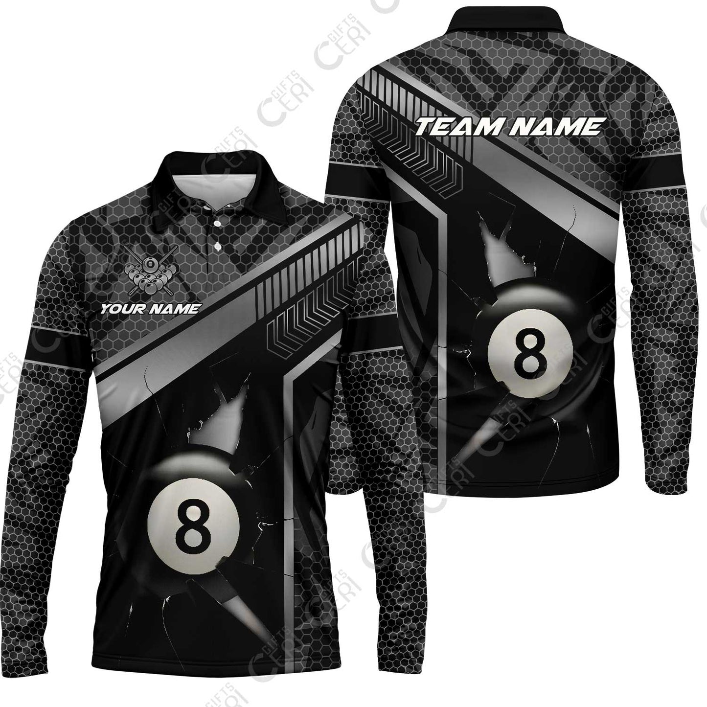 Customized Billiards Long Sleeve Polo Shirt, Personalized Hexagonal Patterns With A Cracked Glass 8 Ball Jersey