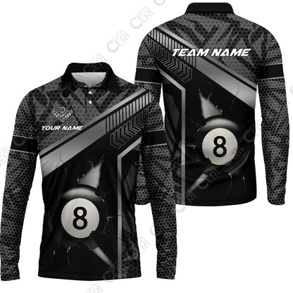 Customized Billiards Long Sleeve Polo Shirt, Personalized Hexagonal Patterns With A Cracked Glass 8 Ball Jersey
