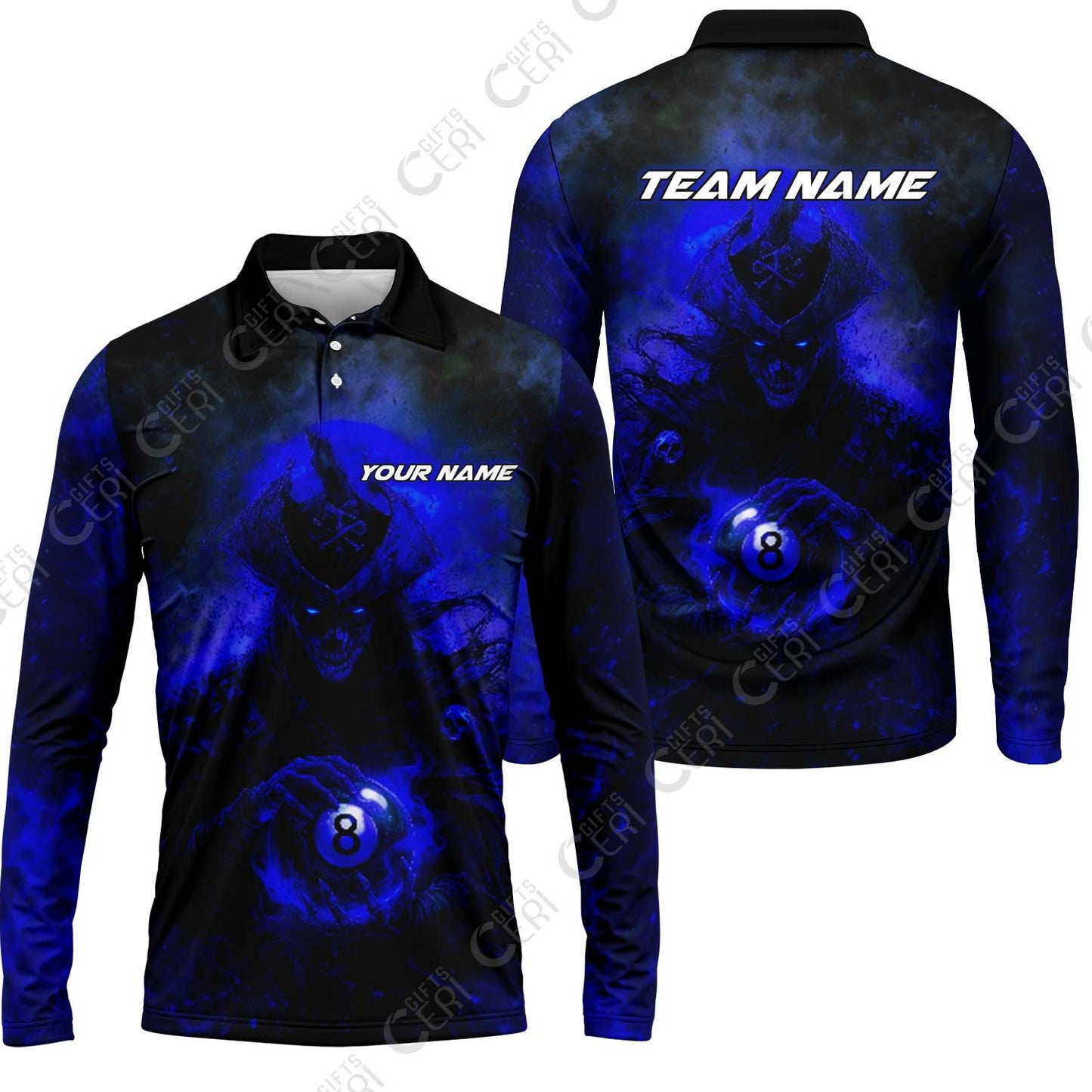 Customized Billiards Long Sleeve Polo Shirt, Personalized Ghost Captains 8 Ball Jersey Gift For Billiard Players